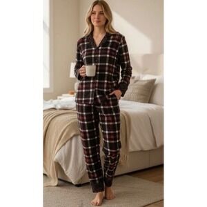 Vera Bradley Plaid Flannel Pajama Set Womens Medium Button Up Long Sleeve Pants
